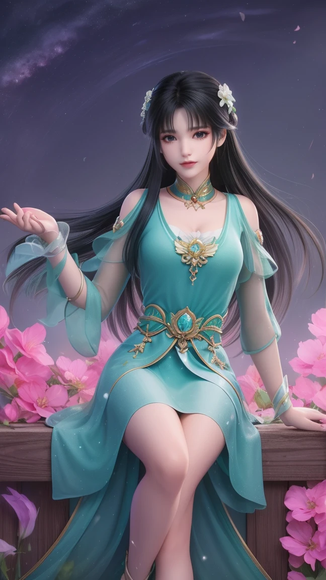 1girl, girl with long black hair, smiling, cheerful, girl is sitting among a wide expanse of flowers, surrounded by beautiful flowers, Calm and peaceful atmosphere, night, moonlight , Beautiful glowing butterflies surround the girl lighting up the darkness of the night, magic,Romantic, the night breeze blows the Sepoi Sepoi girl's hair,