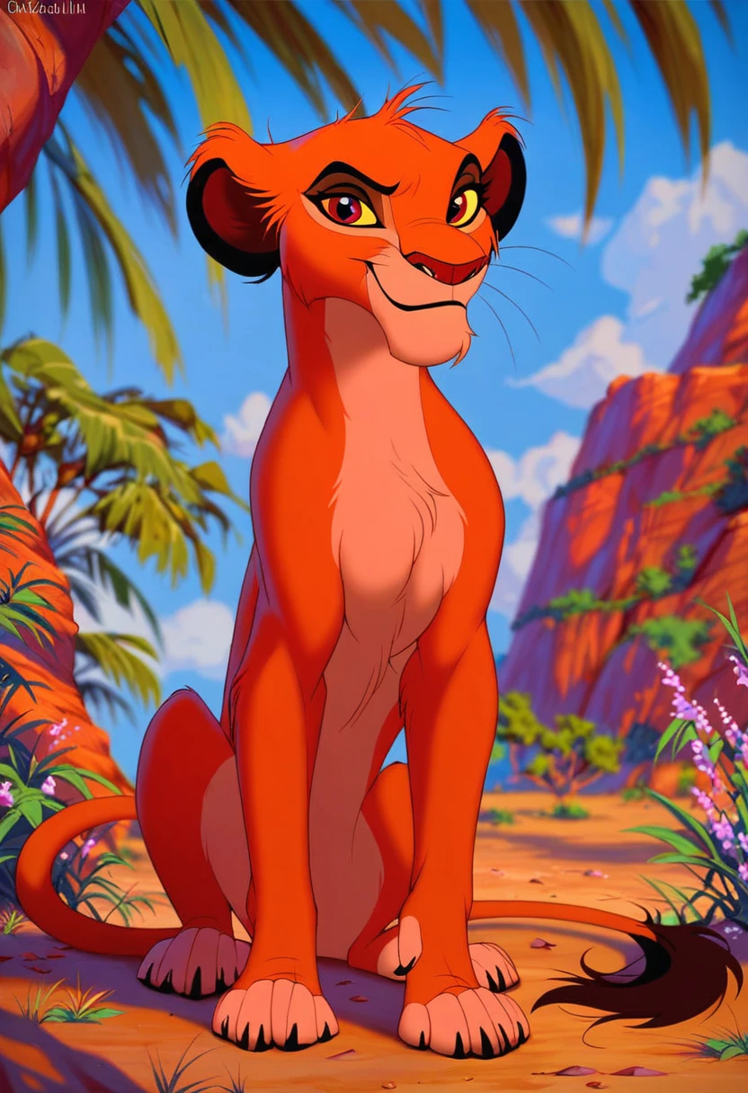 vitani from the lion king, bangs, messy hair, skinny, female, feral, lioness, zPDXL, score_9, score_8_up, score_8, masterpiece, best quality, smirk, looking at viewer