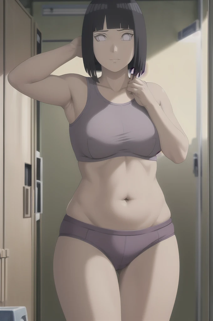 masterpiece, absurdres , (intricate details), (colorful),cinematic lighting,bust shot,extremely detailed CG unity 8k wallpaper ,hinata\(boruto\), 1girl, solo,mature female, arm up, looking at viewer, sports bra, locker room,cowboy shot, chubby belly, chubby, curvy. gained weight,