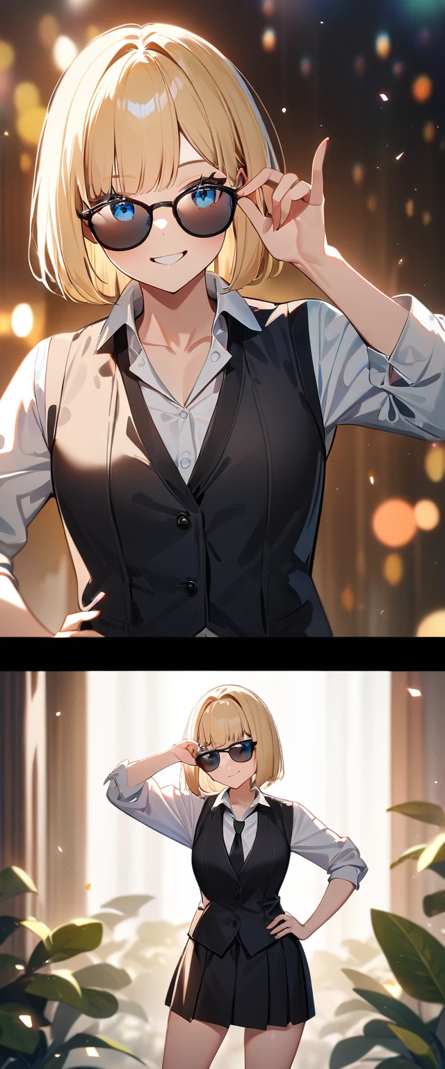 (((One Girl))), Blonde, Bobcut, (Cowboy Shot), ((sunglasses, hand to sunglasses)), (View your viewers), Focus on the face, teenager, Tilt your head:1.3, (((blue eyes))), ((Smile)), ((blush)), Contrasting, Place one hand on hip, (((Exposed clothing))), School summer clothes, (((Open collar))), White shirt, ((Black tie under the waistcoat)), skirt, Black vest, Anime Style, (Highest quality, 4K, 8K, High resolution, masterpiece:1.2, Super detailed, Super detailed eyes, High resolution, 超High resolution, Studio Lighting, Ultra-fine painting, Sharp focus, Physically Based Rendering, Very detailed explanation, Professional, Vibrant colors, Bokeh)、Full Body Shot