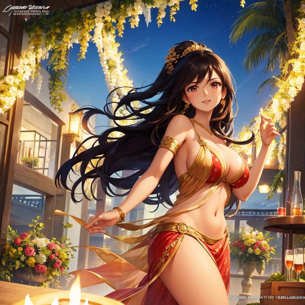 A photorealistic image of a South Asian woman in her 40s milf big tits with long, dark hair dancing on a beautiful restaurant on the roof top. gorgeous table decorated with candles in the background. She is dressed in a flowy sundress (stylish party attire ) and has a joyful expression on her face. The style is bright and colorful, capturing the energy and fun of the moment.