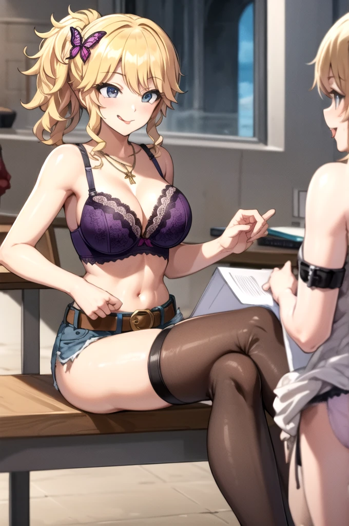 kiriizumi, smile, hair ornament, thighhighs, cleavage, jewelry, sitting, underwear, shorts, tongue, belt, indoors, tongue out, necklace, bra, short shorts, wavy hair, single thighhigh, :q, butterfly hair ornament, purple bra