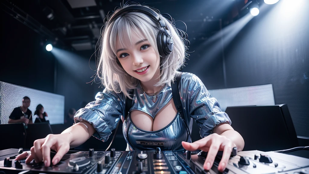 (ultra - detailed, 16K resolution, Cinema lenses, rendering by octane), (high resolution:1.18), intricate detail, (masterpiece:1.1), (highest quality:1.1), (1girl, portrait, white hair, blue eyes, short hair, detailed eyes),Wearing silver DJ headphones, Shiny silver sequined T-shirt, (Iconic hip-hop pop costumes:1.3), Smile while DJing on stage, full body shot of, The spotlight shines on the female DJ. Photorealistic photography by Disco Lighting, (cute round face:1.3), perfect fingers, five fingers, beautiful hands, perfect hands. master peace, cute smile.