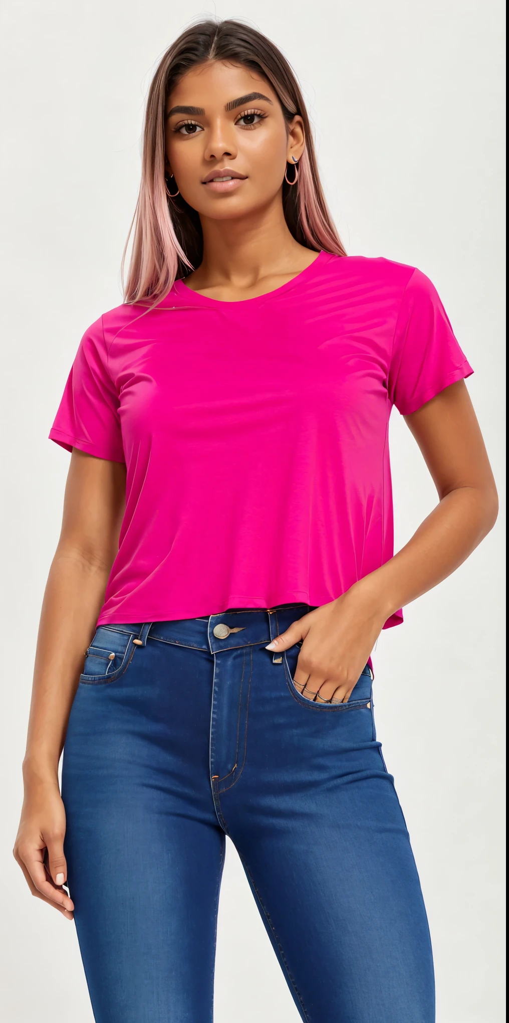 a woman wearing a rosa top and jeans, corte superior, rosa shirt, corte superior, neon rosa, hot rosa, camisa magenta, rosa, camiseta, camiseta, camiseta, with ripped crop camiseta, rosa clothes, rosa vibe, dayglo rosa, FÚCSIA, vibrant rosa, magenta, Roupa casual, rosa girl, ano 2 mil”