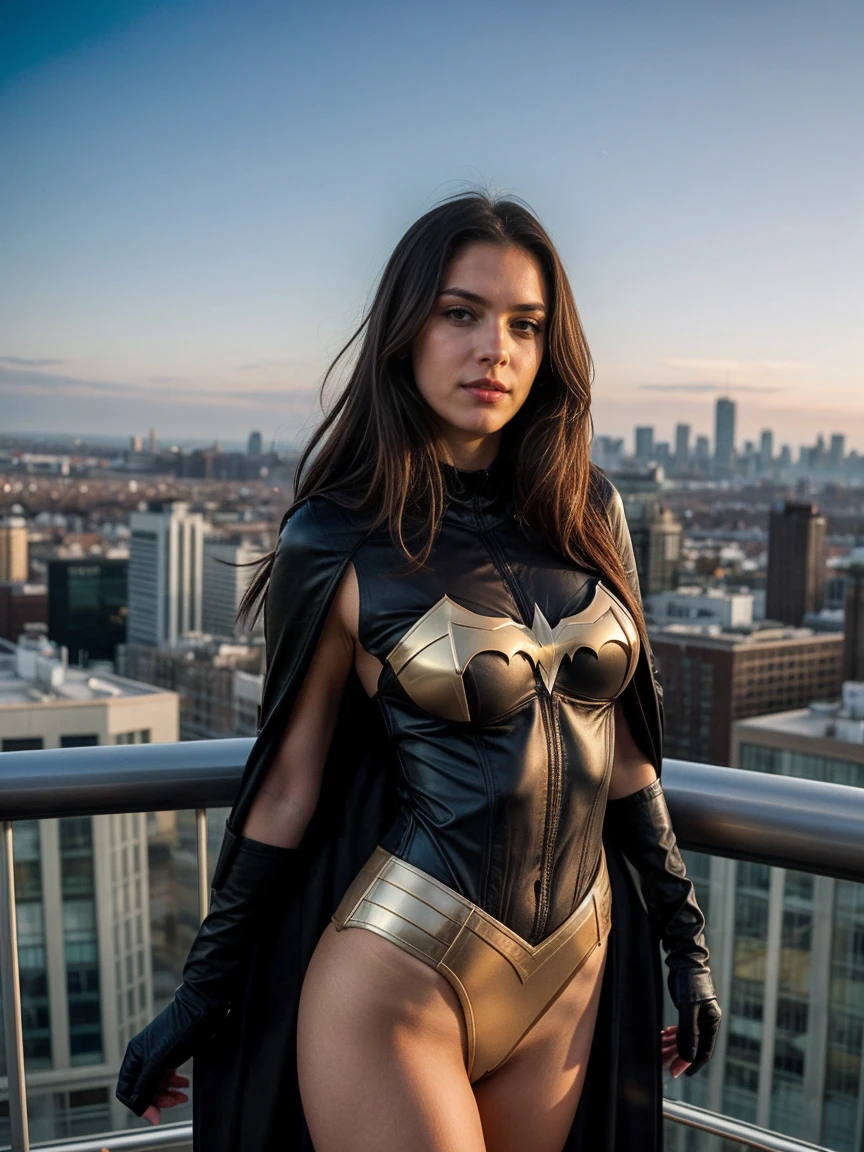 Create an image of a sexy and tall dark brunette with slightly wavy hair, standing at 175cm tall. The woman should be dressed as a sexy Batgirl, showcasing her perfect body in a way that is reminiscent of the comic book character. The image should be captured on top of a building, with a city view in the background. The overall look and feel of the image should be that of a dynamic and alluring scene, with a focus on creating a dynamic and alluring image that showcases the woman's sex appeal