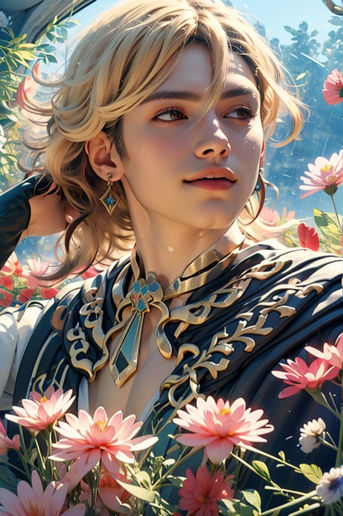 1 adult male solo, blond hair, red eyes, kaveh genshin impact, white top, red and black embroidered details, golden accessories, dark pants, fingerless gloves, feather hair ornament, shiny eyes (masterpiece),((top-quality)),(offcial art),(Beautiful and indulgent:1.2),(1manin:1.3),Detailed drawing。Vibrant colors。colourfull、highestdetailed ((ultra-detailliert)),(Highly detailed 2D illustrations),((Extremely delicate and beautiful))Super Detail,atmosphric perspective,dust particle, iridescent light, water drops on flowers and plants, light summer rain, rainbow light, glowing, surrounded by dark red lily flowers, (((portrait face closeup, soft calm smile, flowers in his hair)))