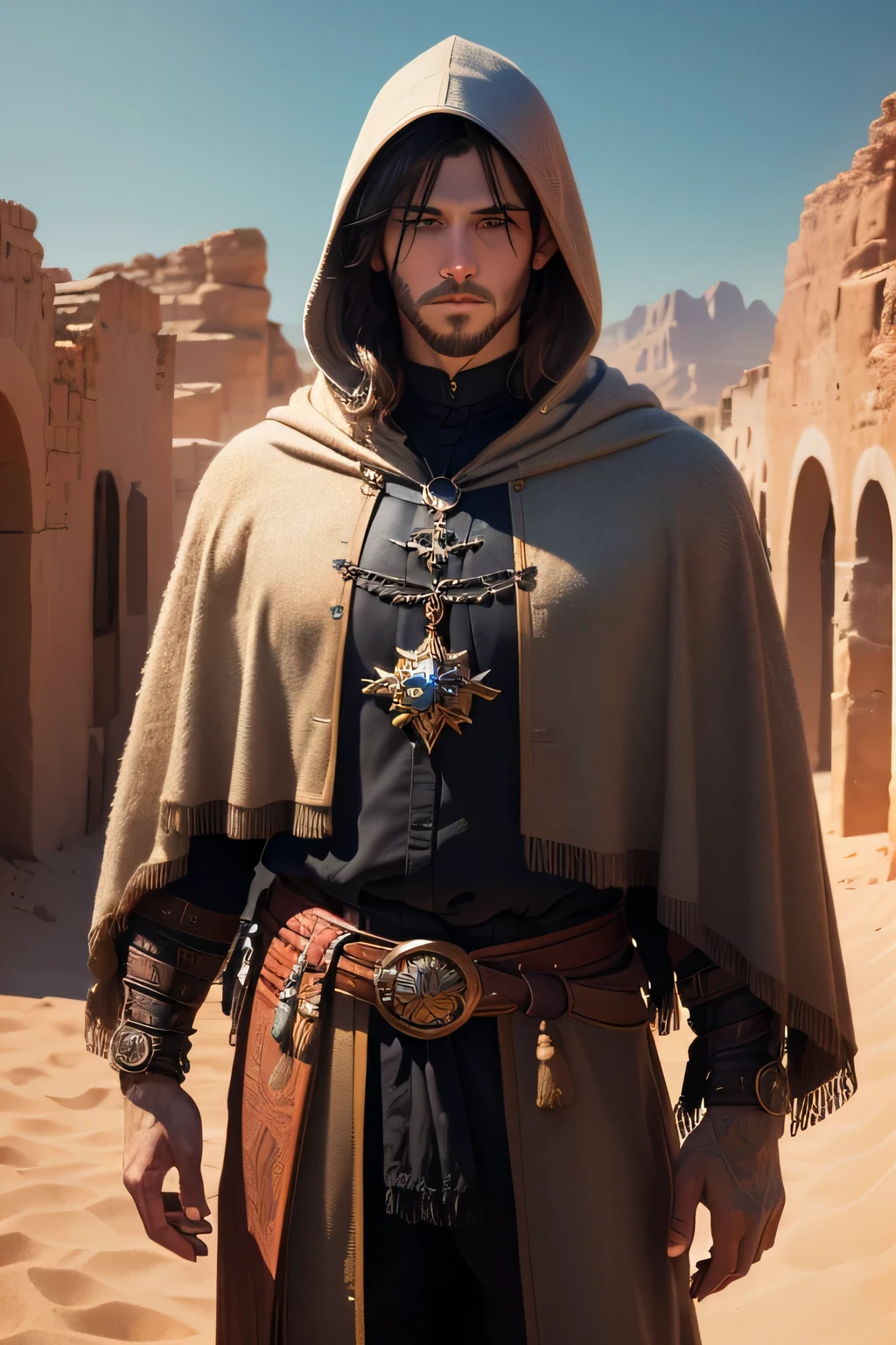 ((best quality)), ((masterpiece)), (detailed), Prize-winning works, with incredible details, maximum textures and details, cloak and hood ,1 An adventurous warrior man ,(mature man killer 30 years old:1.1,detailedeyes, face detailed, whole body:1.1,the background is a desert ),(best qualityer:1.2,ultra detali:1.1,realisitic:1.37),stone medieval ancient city ,eyeshadows,hidden identity,sharp focus,swirly vibrant colors,moonlights), (twilight), (natta), 8K