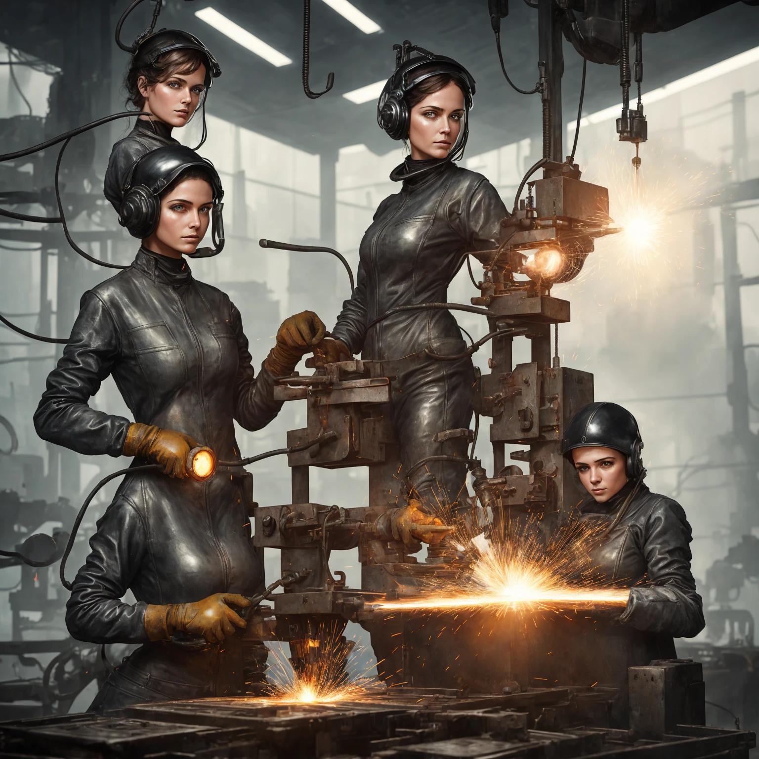 Incredible modern art portrait of female metal welder at work machine, humid and sultry atmosphere, hot hourglass figure in a wet leather mini outfit, stunning beauty of brilliant art by magali villeneuve, eve ventrue, anna dittmann, mandy disher, tom bagshaw --auto
