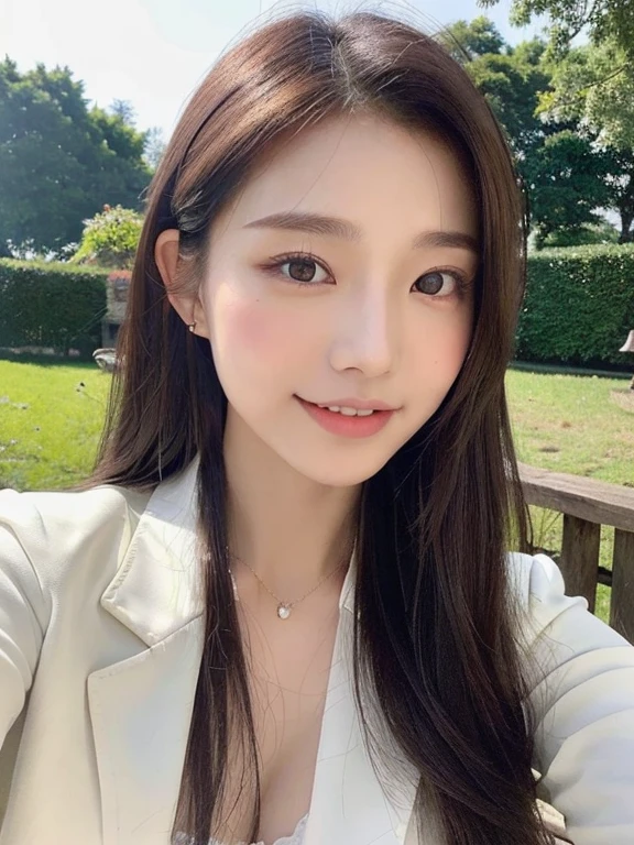 (highest quality, Very detailed, Realistic:1.37, full body shot), Professional, Fine and beautiful eyes, Beautiful lip detail, Detailed facial features, Natural skin color, Perfect skin texture, Delicate expression, High-resolution images, Realistic face, Realistic skin, Real Face, Natural smile, Very detailedな髪, (Yuki), 20-year-old, (Calm Japanese female entrepreneur), Rose、Her slim figure and flowing hair、In harmony with the natural beauty of the surrounding area。. The high-resolution image captures Very detailed realism, business attire, white blazer.