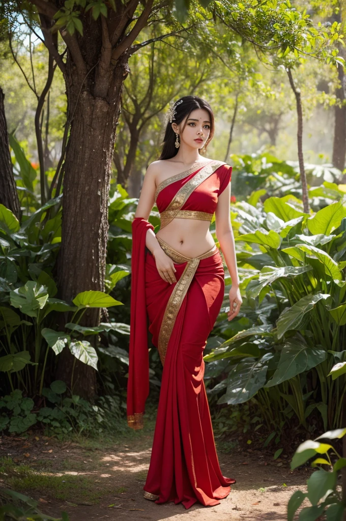 a woman in a red sari posing in front of a mushroom forest, highly detailed shot of a goddess, hyperrealistic fantasy art, highly detailed woman, fantasy woman, Indian goddess, realistic fantasy artwork, mother nature full nude shot, goddess. very high detail, artgerm julie bell beeple, arabian beauty, digital fantasy art), beautiful goddess, realistic fantasy painting