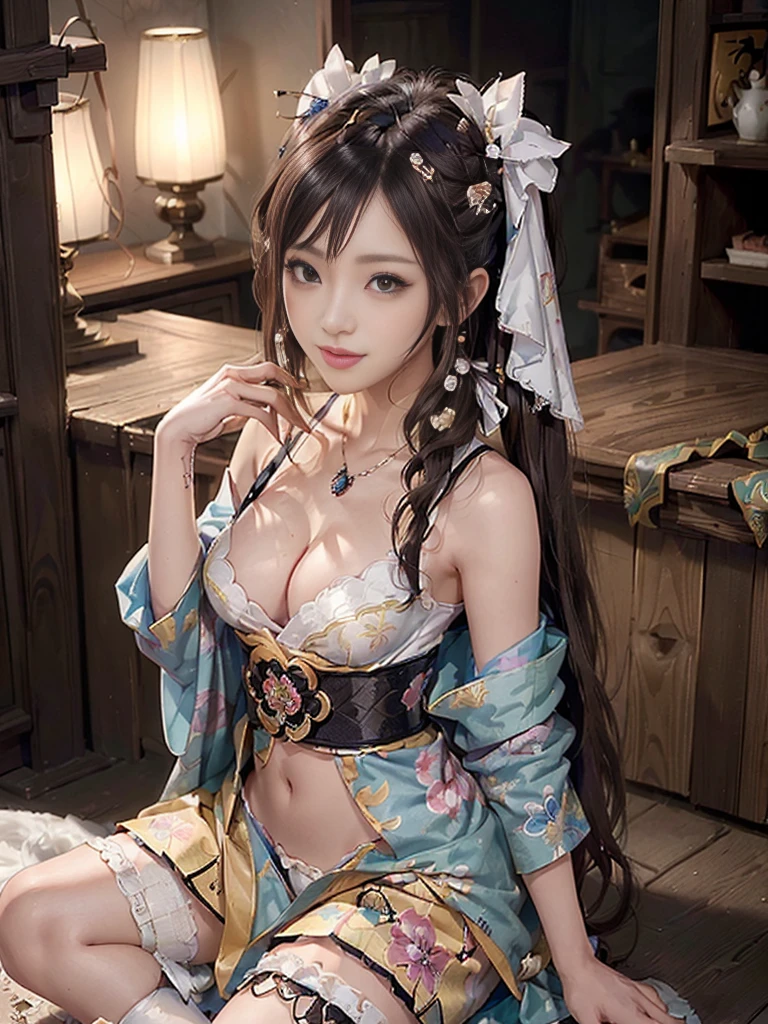 (Full Body View:1.5)、(squat:1.3)、(Beautiful skin, lips and cheeks:1.4)、(Prostitute:1.4)、(Smiling with teeth showing:1.3),(Shibuya Gal:1.5)、(Gothic ta vibe:1.5)、(白色と赤色とマゼンダ色と青色の谷間が見えるミニスカOiran着物:1.5)、(Oiran:1.4)、(Luxury hair ornaments/hairpin:1.5)、(Short kimono:1.3)、(Make-up like a maiko:1.5)、(Bewitching Woman:1.3)、(Dense kimono:1.4)、(Wearing flashy knee socks:1.2)、(The underwear has an embroidered pattern:1.4)、40 years old、(Dance vigorously:1.3)、((Highest quality、8k、masterpiece:1.3))、1 Female、Slim and beautiful abs:1.3、(hairstyle casual、Beautiful boobs:1.1)、dress:1.1、Super small face、Narrow eyes、double eyelid、A sloppy smile、Esbian all over、Dynamic Angle、Close-up、CPL Filter、Blurred Background、Bokeh、Blue Hour、Detailed face and skin texture、Detailed eyes、double eyelid,(Twin tails:1.3)、(Black-brown hair:1.3)、Gravure idol、(The background is a gorgeous Meiji-era town:1.3)、(Thin body:1.2),(Thin thighs:1.5),(clavicle:1.1)