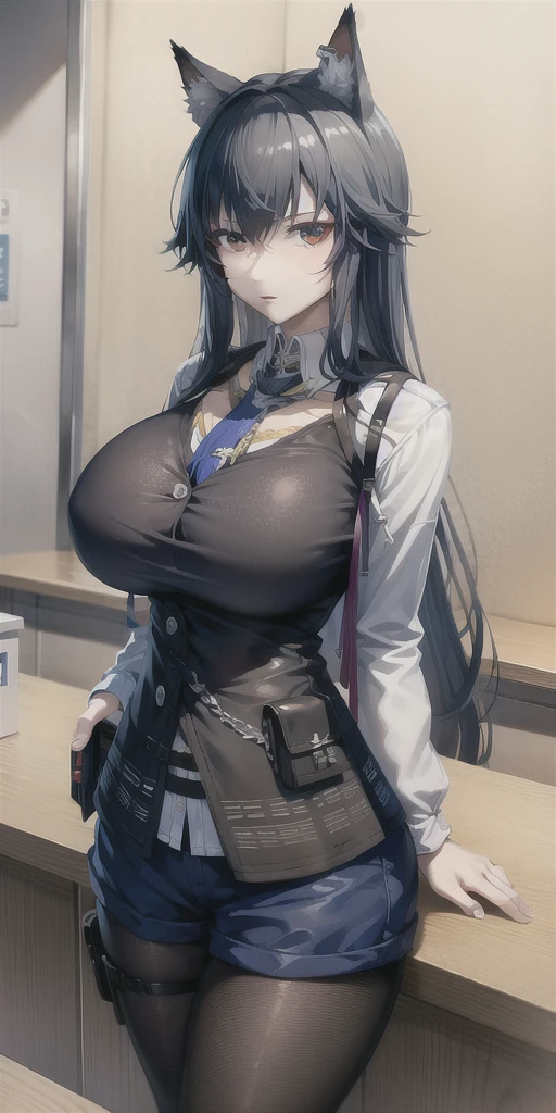 teenager in work uniform working as a cashier at a fast food stand behind the counter watching viewer, with huge tits, anime style