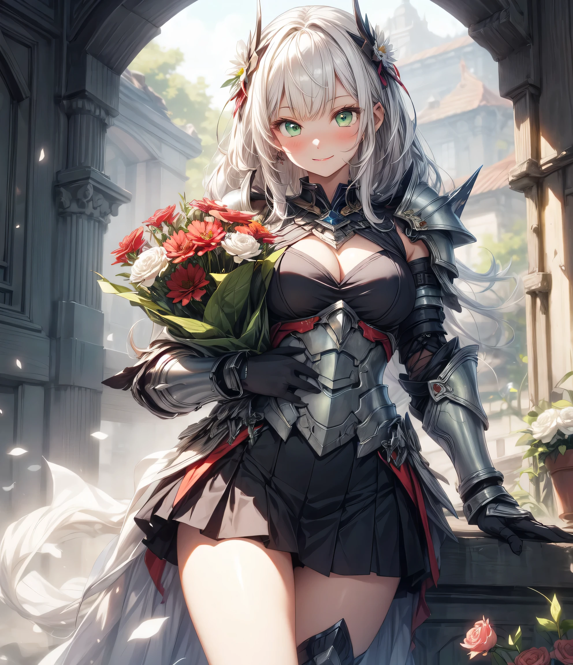 Be realistic,(masterpiece,Highest quality,Highest quality,Very detailed,Fractal Art,Most detailed,(Flower field background:1.5)(1 Girl)20 years old, large breasts, ,Kamimei,(Hair length),(Green eyes glow、your breasts will grow,Stunned),crystallization,sexy、Machinery Armor、Sunburned skin、(Holding a bouquet of flowers in both hands:1.3)、break, (Holding a bouquet:1.3),(mini skirt)、A kind smile