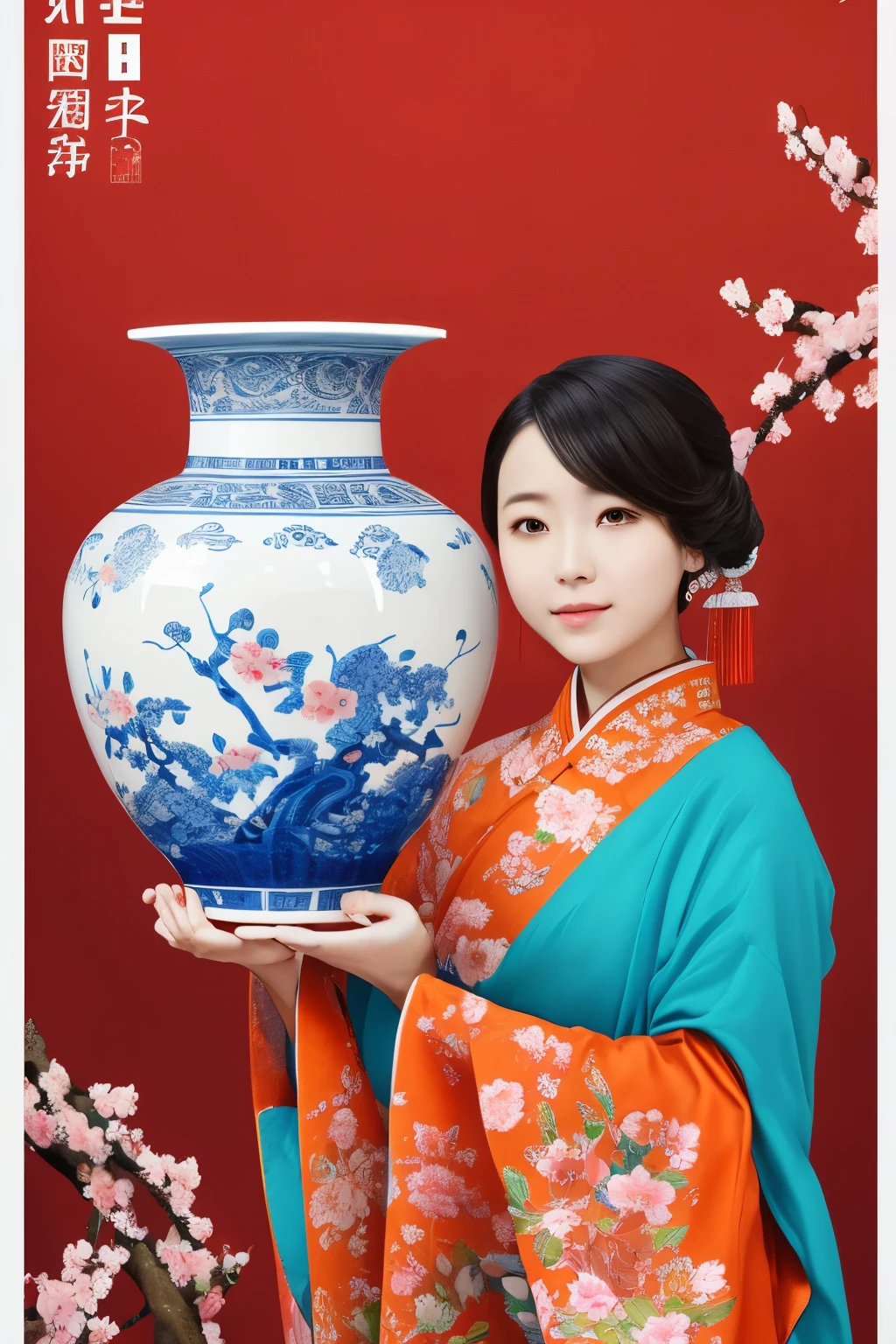 Light color,A poster for the exhibition of "a modern vase in Chinese style", featuring an illustration in the style of Chen Jialing, depicting a white porcelain jar with blue and orange patterns on it, adorned with traditional flower carvings. A girl stands next to her holding the white porcelain jar, surrounded by blooming cherry blossoms. The background is a warm red color that highlights details. --ar 3:4 --s 250 --niji 5
