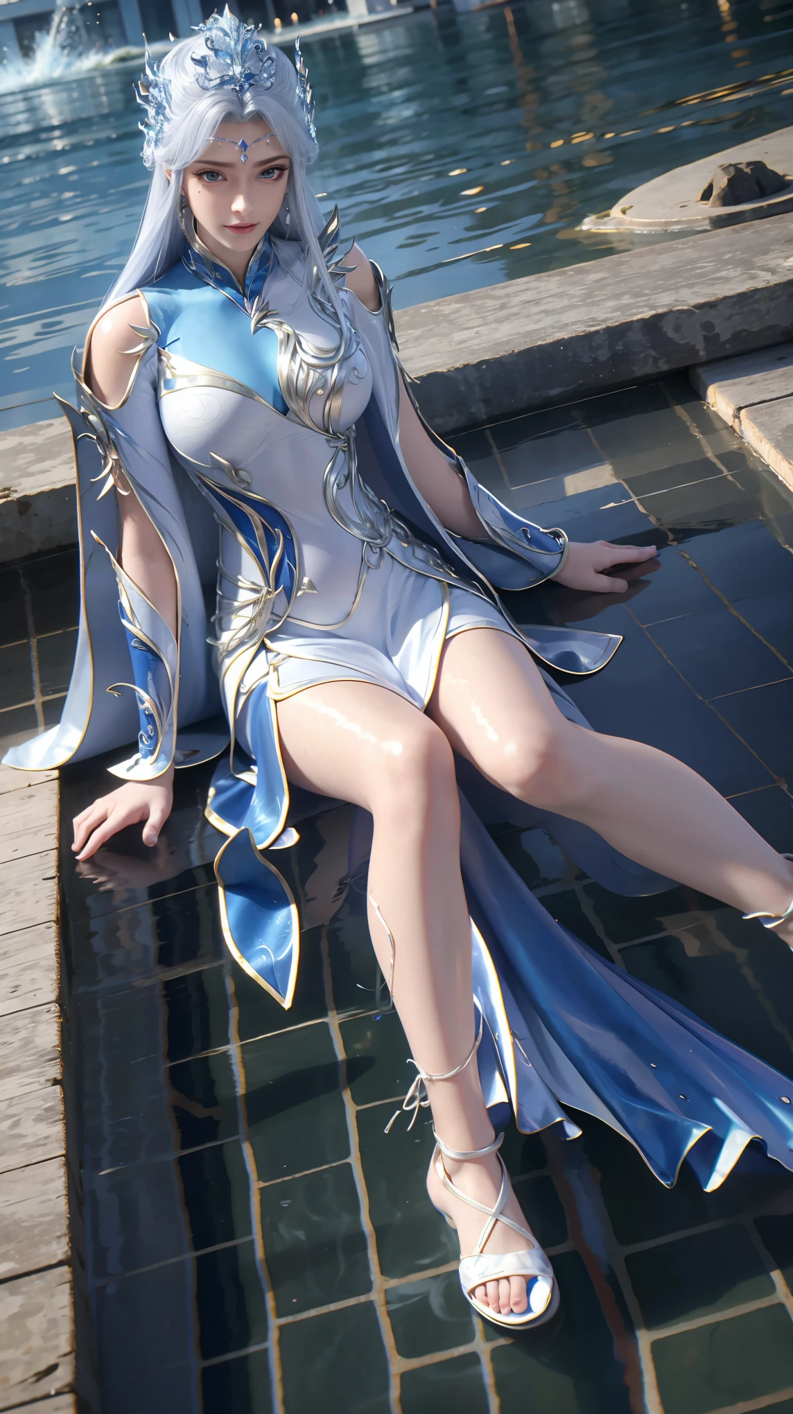 一个穿着连衣裙的女孩躺在Starry Sky下的床上,Exquisite smile,Beautiful and delicate eyes,Beautiful and delicate lips,Extremely detailed face and eyes,Long eyelashes,Full body,Flowing hair,belly button,best quality,excellent work,Super,(Reality:1.4),RAW photos,(Beautiful face:1.2),(Lying on the water:1.5),1 girl,(absurd),(8K), (4K),Octane Rendering,Starry Sky,((Full body view)),barefoot,Cross-legged,Wet all over,Water Magic,Wet,(Silver long hair),(Blue Eyes),Gauze on body