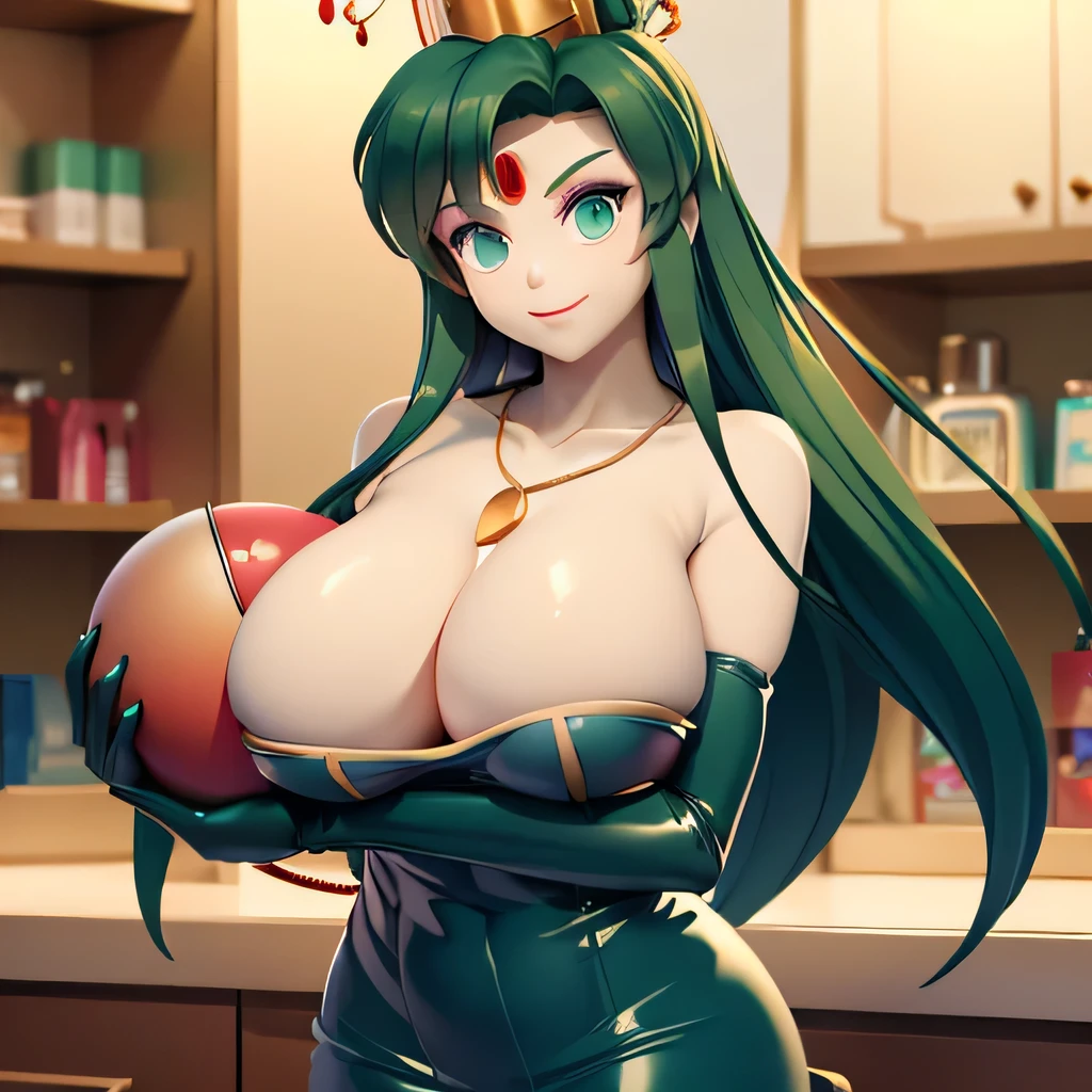 (masterpiece,best quality,ultra-delicate,Perfect Face,16k,high resolution,very beautiful woman), Atsugessho:1.3,deep green hair,blue latex bodycon dress, long latex gloves, green tights, (huge ), gold headpiece, pale blue skin, red gem on forehead, pink mist, ((cosmetics counter)), holding large red ball on rope, necklace, smirk, (extremely glossy)