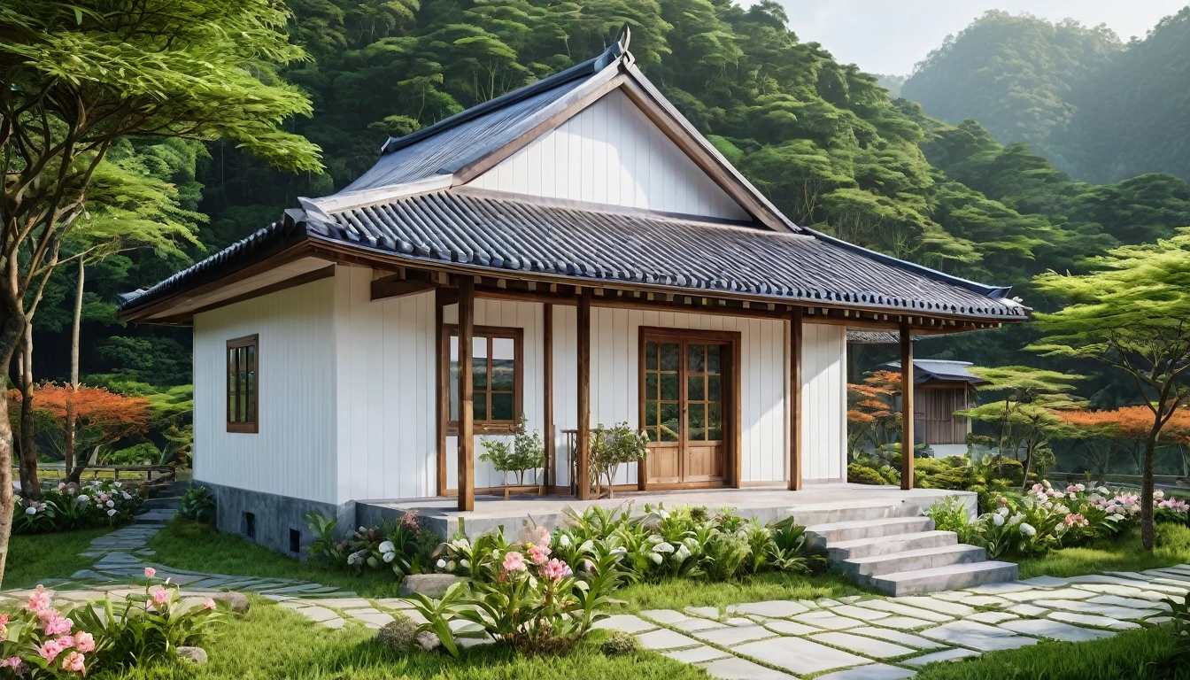 farmhouse_exterior, realistic photo of a small 1 floor L house in Viet Nam with a lot of flowers in the yard, luxurious wooden white wall cottage, beautiful modern Japan house on a forest path, the small cabin modern house in the forest, white wall house, integrated in the mountains, cottagecore!!, ((8k)), soothing and cozy landscape, peaceful wooden mansion, ((UHD)), 8k, high quality detail