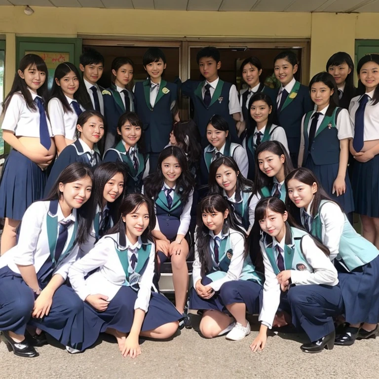 very very big pregnant midriff school blazer woman,belly button, classroom,(group photo,20 people)