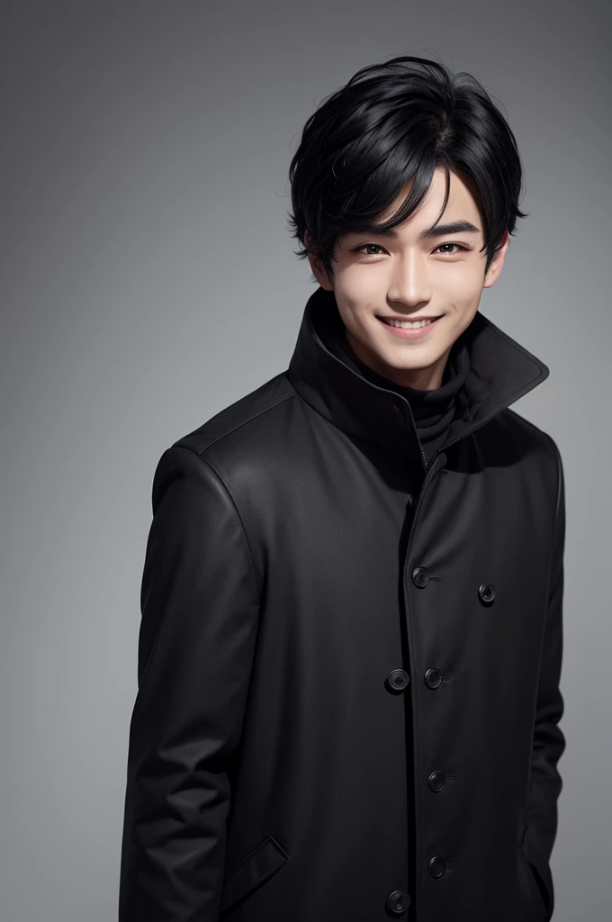 Black hair man character,eyes browns,with black coat smiling