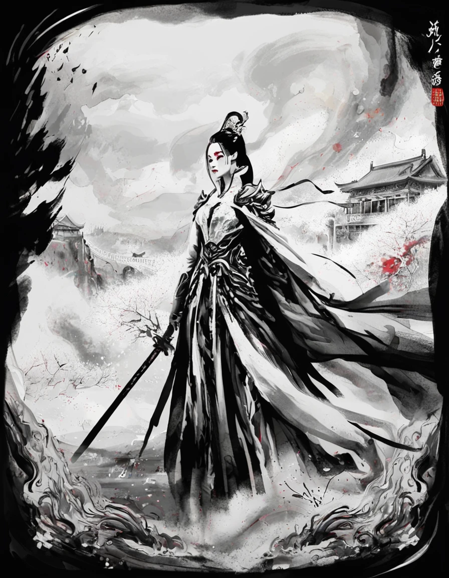 Concept art ink painting《A female warrior in a Chinese opera dressed in Hanfu》 . Opera roles, Female Warrior, and strong performance . monochrome, loose, body fluid, Expressive, Beautifully,rich and colorful . Digital Artwork, 说明Sexual, Sexual, Painted landscapes, Very detailed