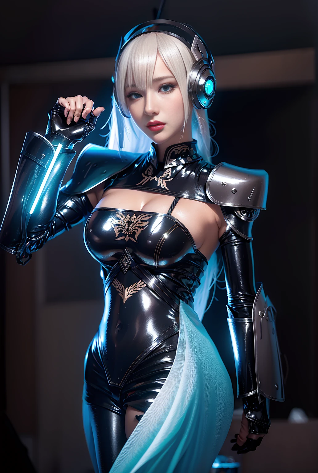 Super Detail, High Detail, high quality, best quality, High resolution，a robot valkyrie，Beautiful female robot,beautiful clear face(Rain waves_haneame：1.5)(Transparent face mask covering)，Mechanical body(Smooth metal surface，armor，Mechanical seams of skin，beautiful body curves)，Valkyrie Armor(Mechanical Technology，Highlight breast contour)，beautiful body curves，Holding a silver sword in hand，handsome pose