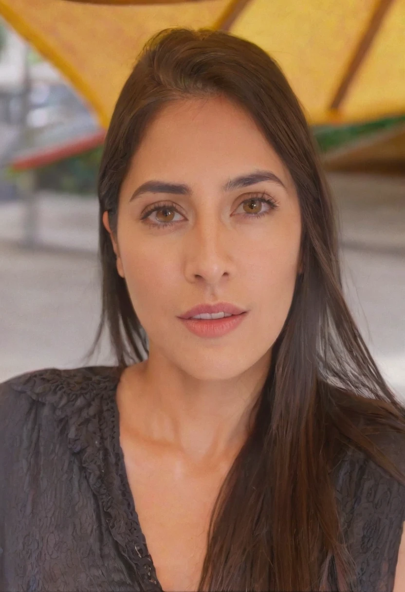 30 year old woman, long brown hair, brown eyes black blouse looking at camera
