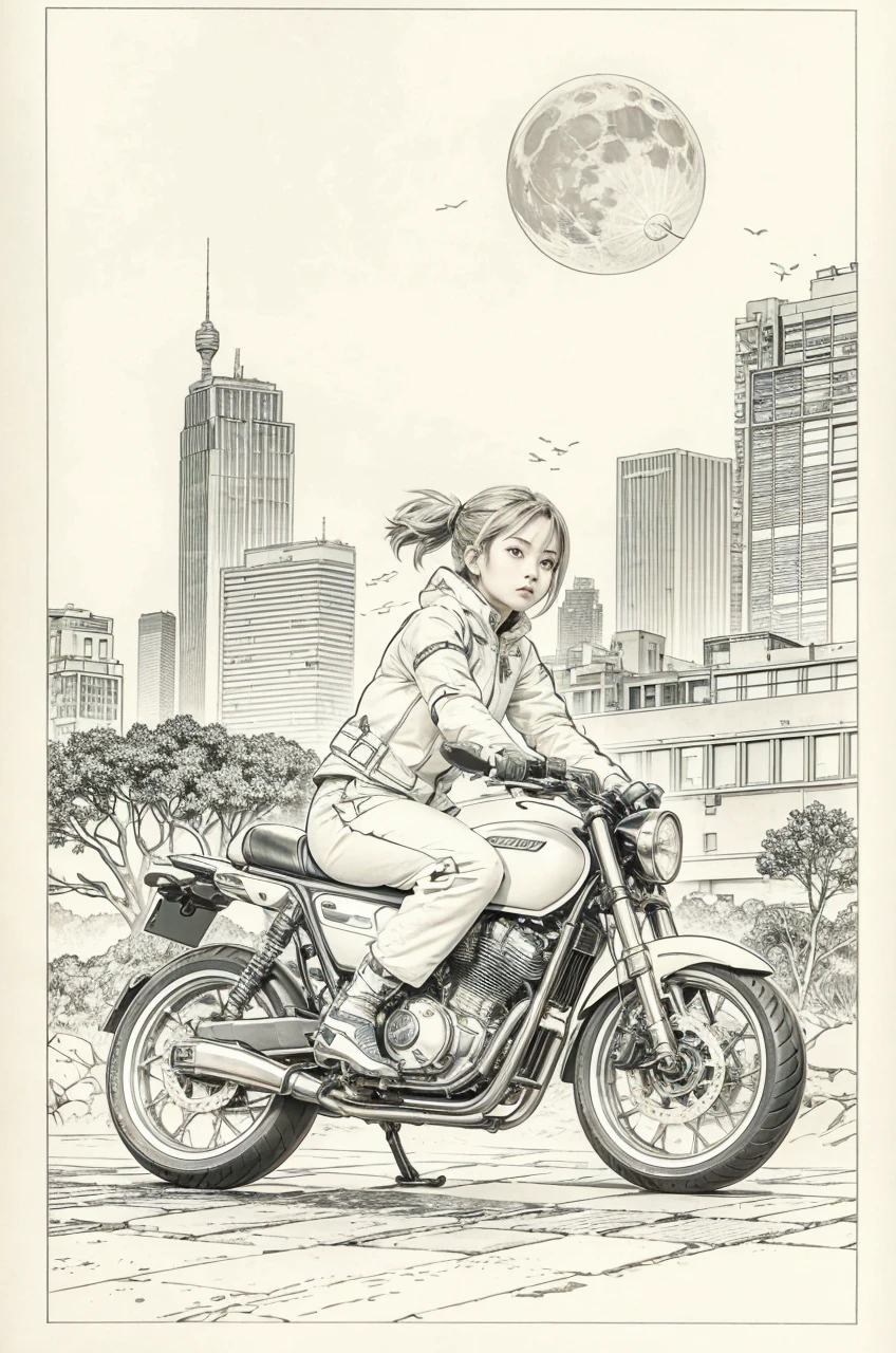 best quality, masterpiece, photo, 4K, photorealistic, highly detailed,
1girl riding motobike, techwear, cyberpunk city, solo, futuristic, huge moon in the background, black and white, by Akira Toriyama, closeup,
