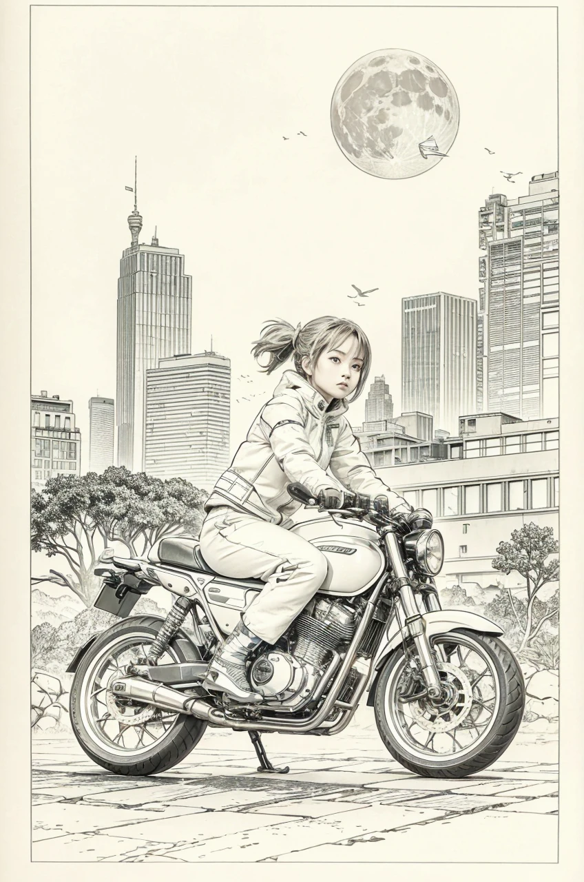 best quality, masterpiece, photo, 4K, photorealistic, highly detailed,
1girl riding motobike, techwear, cyberpunk city, solo, futuristic, huge moon in the background, black and white, by Akira Toriyama, closeup,
