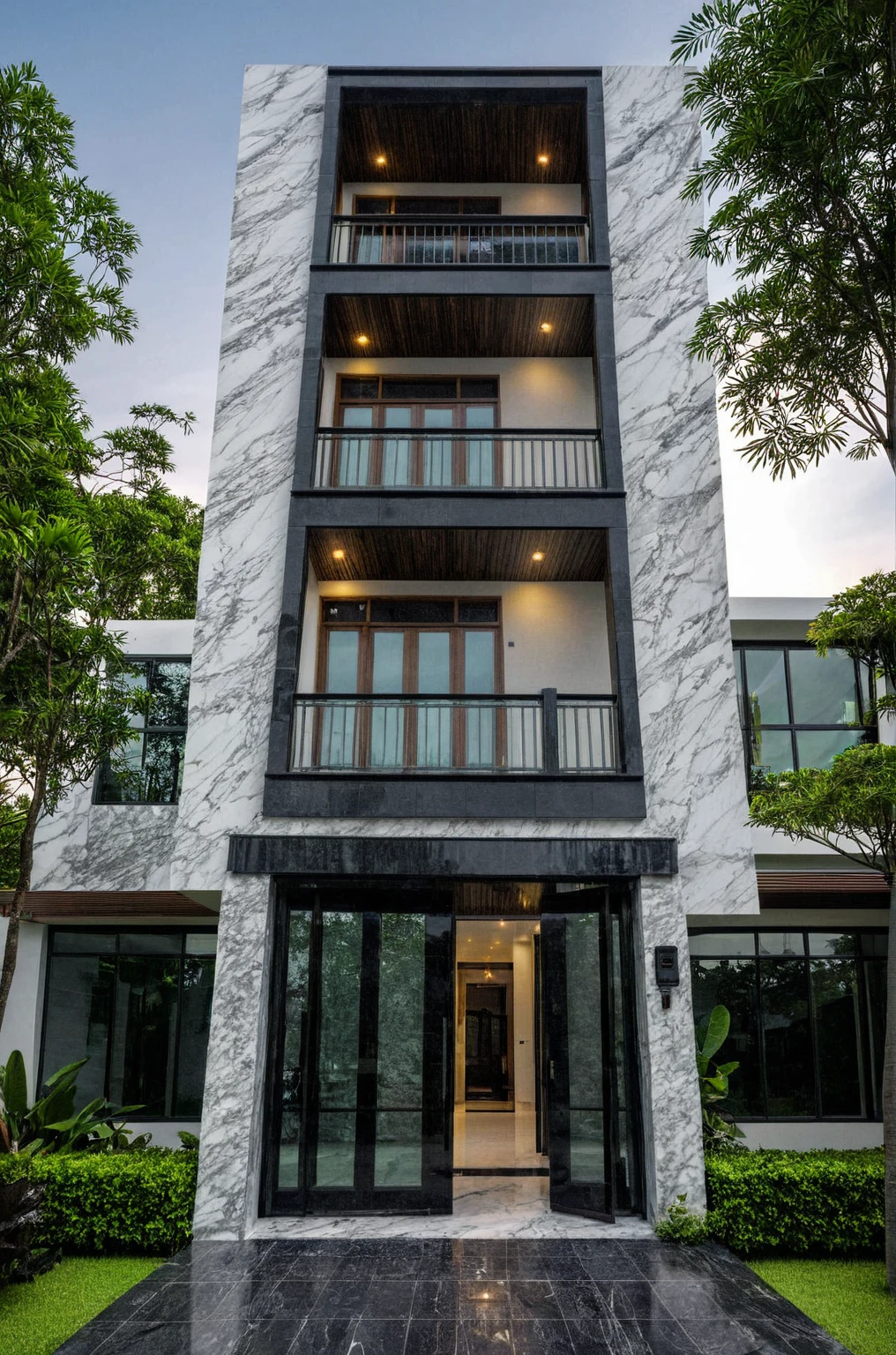 masterpiece, best quality, exterior design, (sunset), single 1 storie modern house on the Vietnam village, marble, steel, modern dark tiled granite and white walls facade, wooden ceiling, large glass, minimalist modern style, green shrubs and tropical tree background, large door and windows.