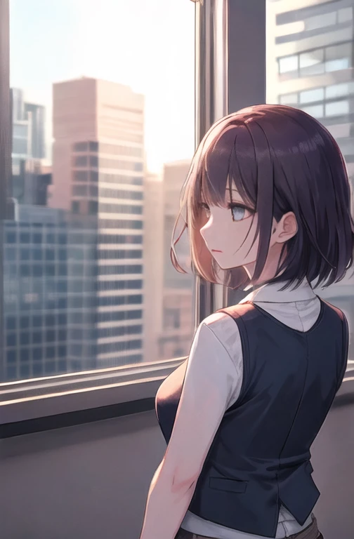 1 girl, mature female, vest, 弓, best qualityer, hires, face detailed, DESK, window buildings, detailed back ground, diffused sunlight, Depth of field, bokeh