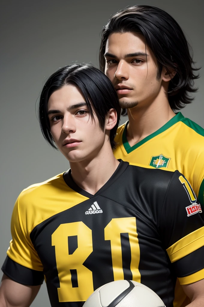 A white boy with straight black hair in an American cut, brown eyes and sarcastic expression, with a Brazilian football uniform and a yellow captain&#39;s band on his arm 