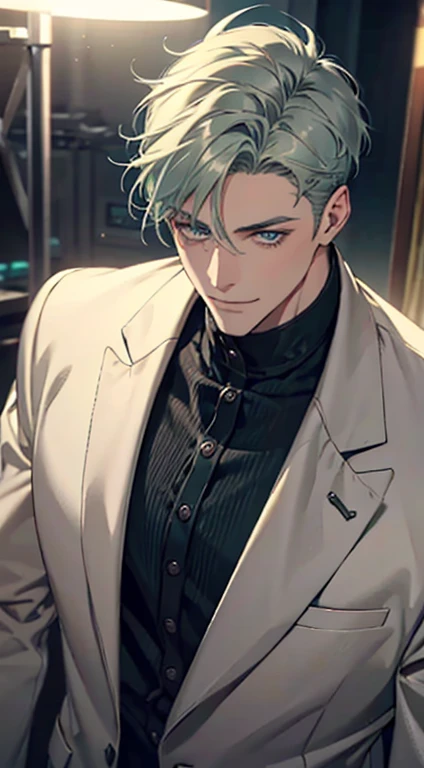 a mature man with short grey green hair, blue eyes, and a perfect face, smiling in love, CEO, cinematic lighting, 1:4 HDR image, top view, ultra detailed, best quality, masterpiece, 8K, photorealistic, beautiful image