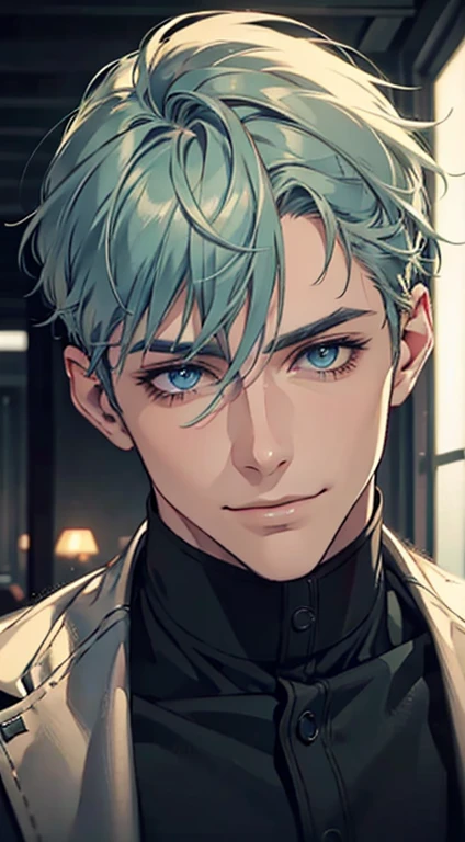 a mature man with short grey green hair, blue eyes, and a perfect face, smiling in love, CEO, cinematic lighting, 1:4 HDR image, top view, ultra detailed, best quality, masterpiece, 8K, photorealistic, beautiful image
