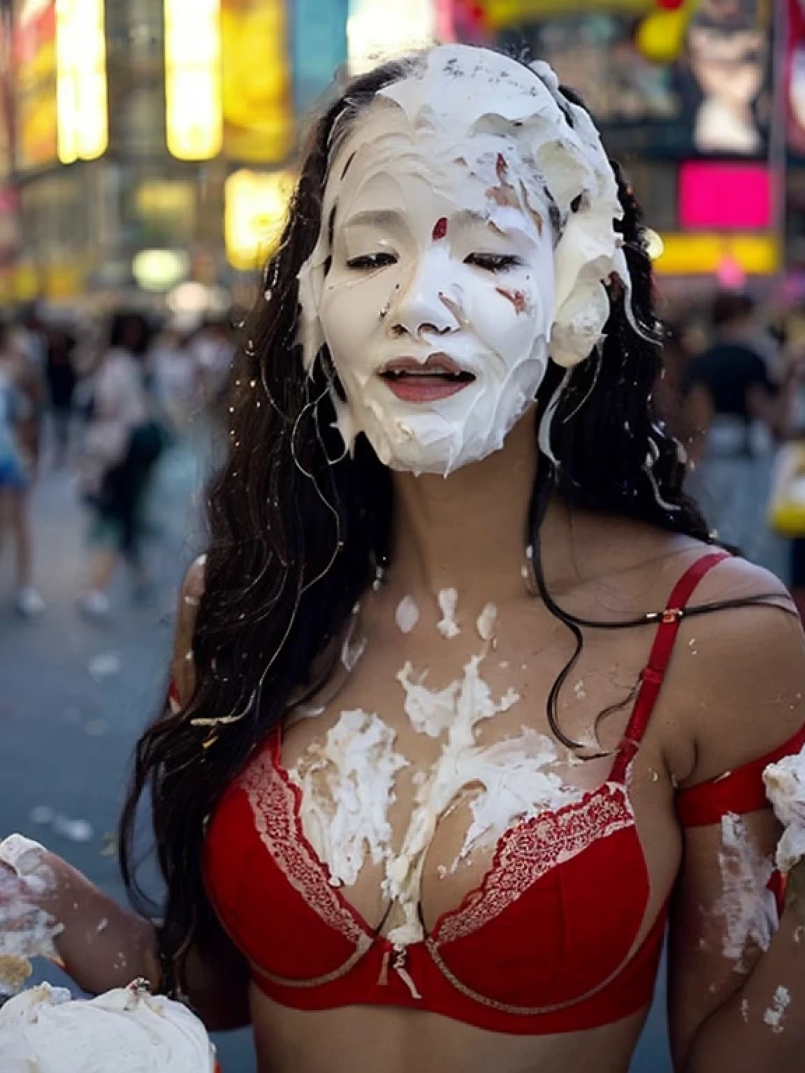 (photo:1.2), (photorealistic:1.4), extreme realism, super detailed, high resolution, very detailed, best quality, 8k, DSLR photo, sexy, alluring, sultry, detailed skin, detailed skin texture, realistic skin, best quality, Asian woman, mascara, whipped cream, times square, new york city, f/1.4 aperture, 35mm, wearing red lace push-up bra, cleavage, pie fight, pie in the face, pie crust on face