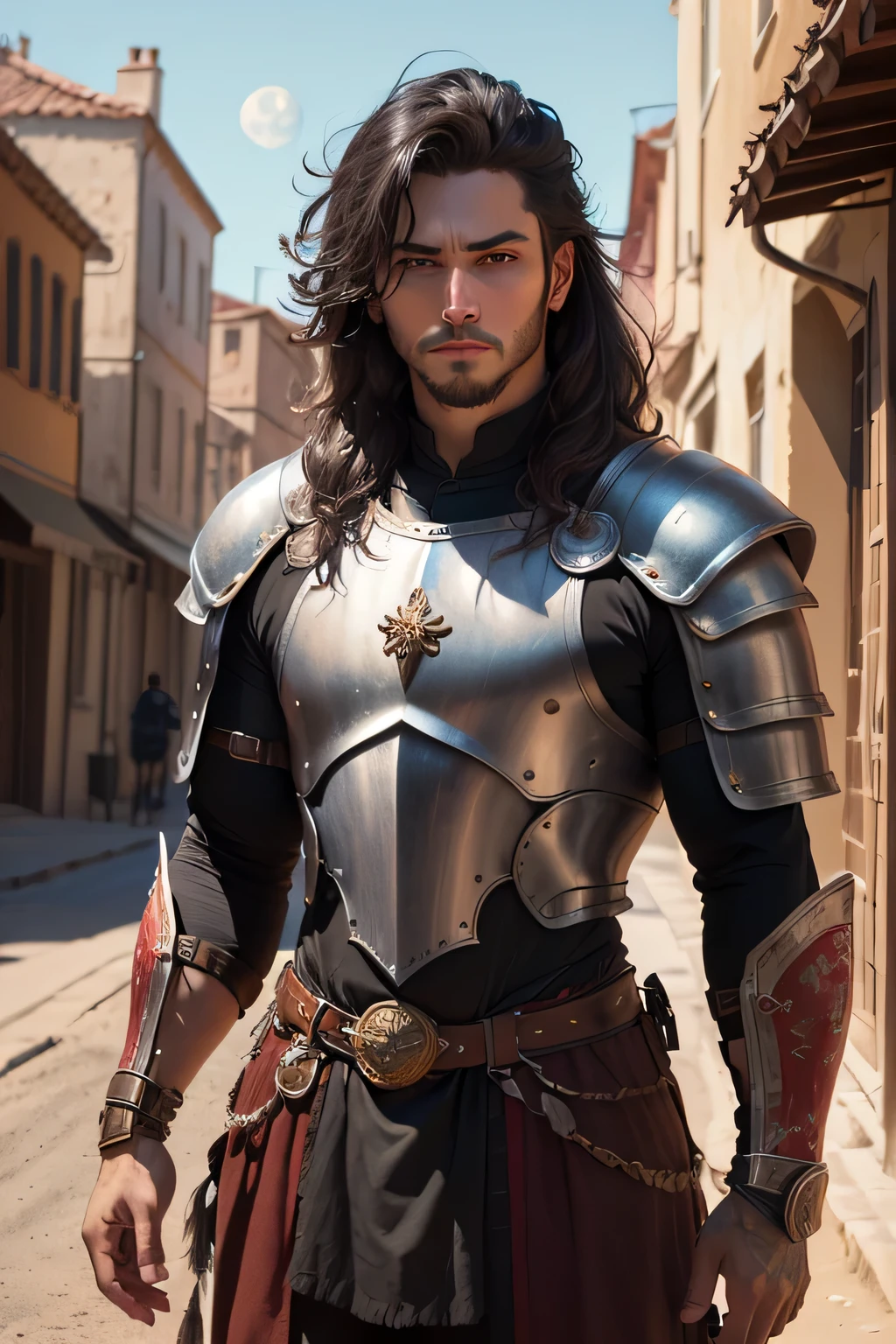((best quality)), ((masterpiece)), (detailed), Prize-winning works, with incredible details, maximum textures and details, mantea ,1 An adventurous warrior man in light armor,(30 year old murderer:1.1,detailedeyes, face detailed, whole body:1.1,the background is a desert ),(best qualityer:1.2,ultra detali:1.1,realisitic:1.37),stone medieval ancient city ,eyeshadows,hidden identity,sharp focus,swirly vibrant colors,moonlights), (twilight), (natta), 8K