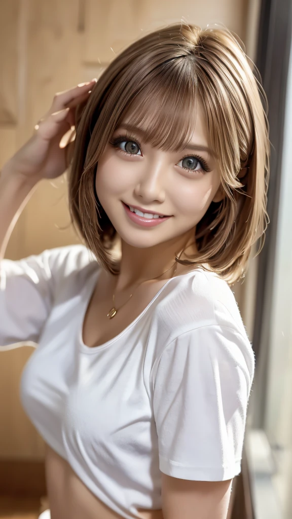 Highest quality、Precise beauty、Beautiful long hair woman、The most beautiful woman in the world、Beautiful and sharp face、21 years old、Smooth super short hair that looks blonde、Highly detailed face、Cute Smile、Beautiful and detailed、Ah, my face is small.、Ample breasts、T-Shirts、necklace、Semi-backlit、High resolution、8k wallpaper、Hair brushing gesture, very detailed、masterpiece、Very bright photo、One woman