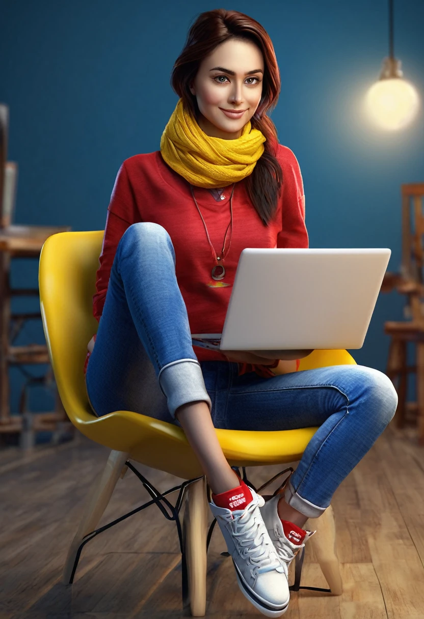 create a 3d illustration featuring like a realistic of a 30 years old beautiful girl , wearing red shirt, blue jeans , red sneakers, yellow scarf , using laptop , sitting on a chair