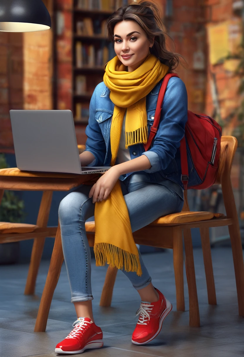create a 3d illustration featuring like a realistic of a 30 years old beautiful girl , wearing red shirt, blue jeans , red sneakers, yellow scarf , using laptop , sitting on a chair