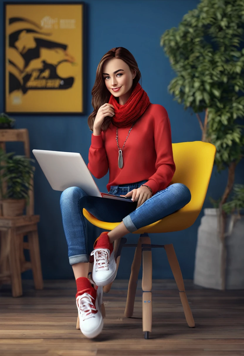 create a 3d illustration featuring like a realistic of a 30 years old beautiful girl , wearing red shirt, blue jeans , red sneakers, yellow scarf , using laptop , sitting on a chair