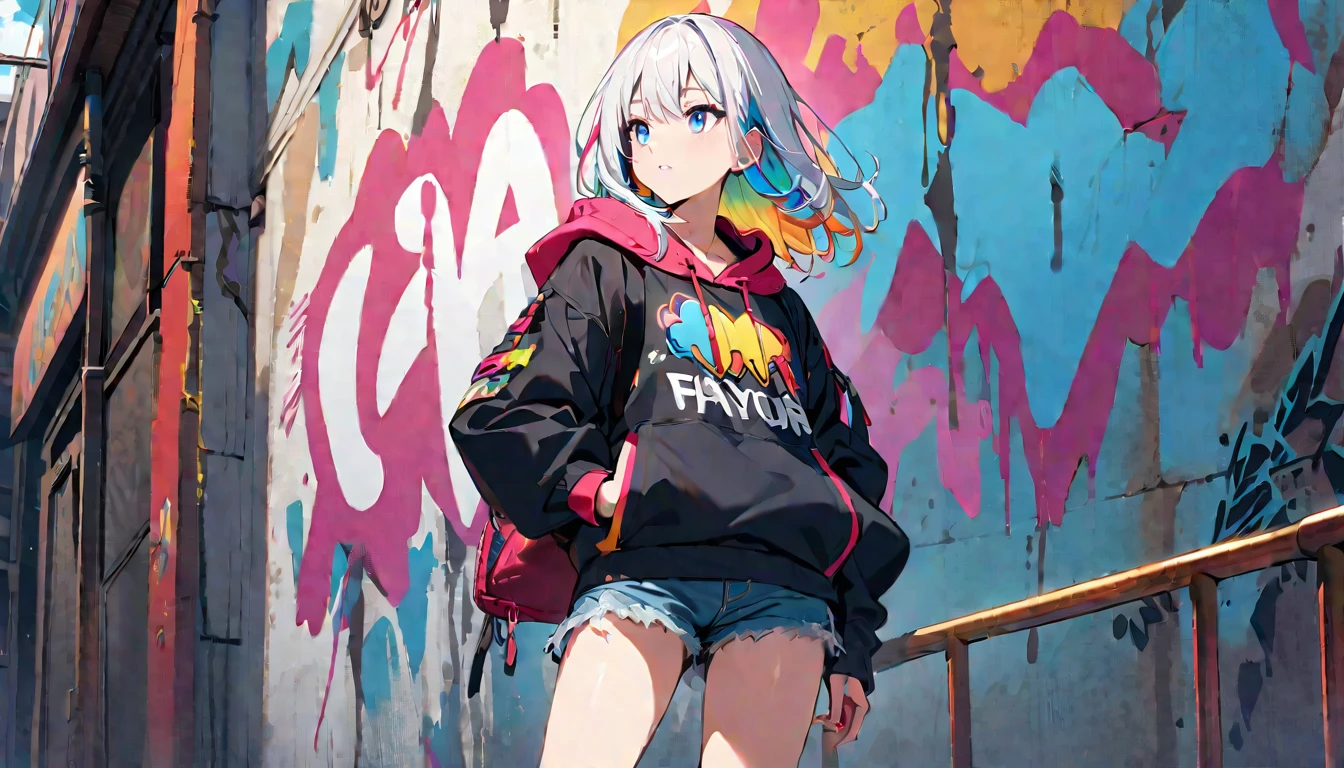 HD 8K Handsome cute, Solitary, 1 female, Medium Length Hair, white hair, Rainbow hair, blue Eyes, looking away, Rainbow headphone, hoodie, colored hoodie, black Trucker Hat, hip-hop style big hooded jacket, denim shorts, Human focus, HD 8K outdoor, White clouds, graffiti famous spray art wall,