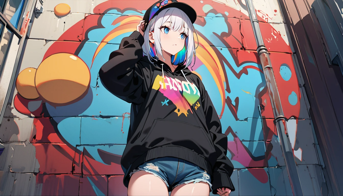 HD 8K Handsome cute, Solitary, 1 female, Medium Length Hair, white hair, Rainbow hair, blue Eyes, looking away, Rainbow headphone, hoodie, colored hoodie, black Trucker Hat, hip-hop style big hooded jacket, denim shorts, Human focus, HD 8K outdoor, White clouds, graffiti famous spray art wall,