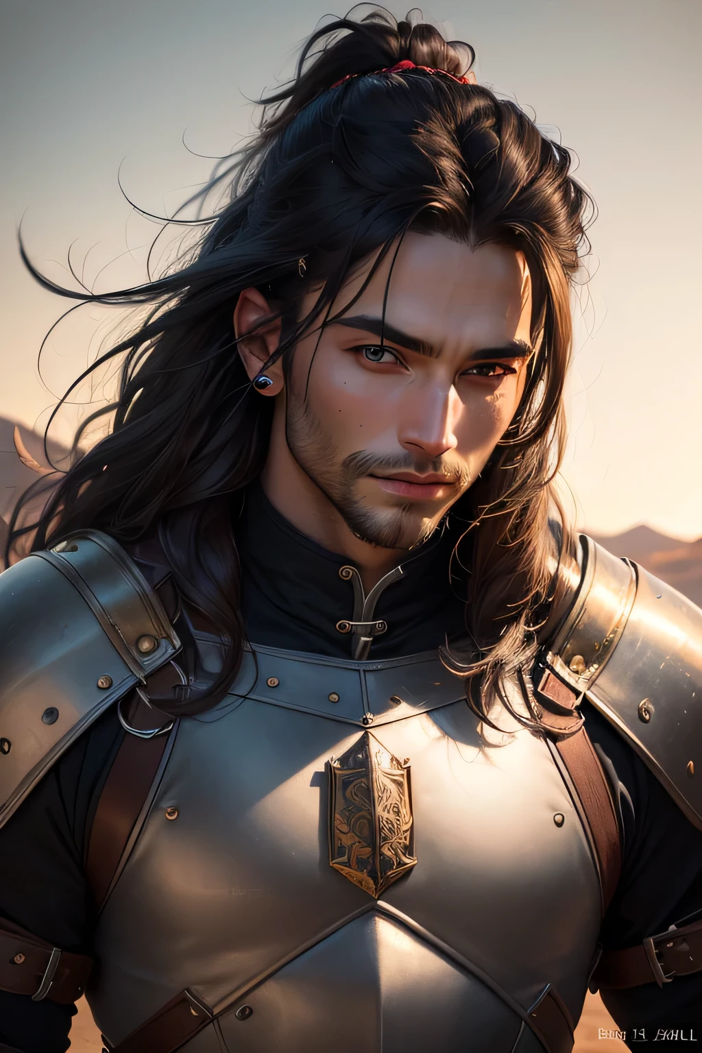 ((best quality)), ((masterpiece)), (detailed), Prize-winning works, with incredible details, maximum textures and details, mantea ,1 An adventurous warrior man in dark black light armor,(30 year old murderer:1.1,detailedeyes, face detailed, whole body:1.1,the background is a desert ),(best qualityer:1.2,ultra detali:1.1,realisitic:1.37),stone medieval ancient city ,eyeshadows,hidden identity,sharp focus,swirly vibrant colors,moonlights), (twilight), (natta), 8K