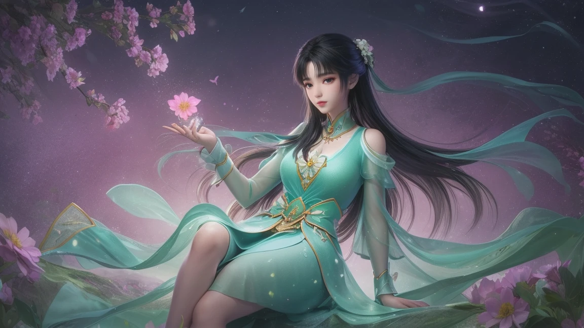 1girl, girl with long black hair, smiling, cheerful, girl is sitting among a wide expanse of flowers, surrounded by beautiful flowers, Calm and peaceful atmosphere, night, moonlight , Beautiful glowing butterflies surround the girl lighting up the darkness of the night, magic,Romantic, the night breeze blows the Sepoi Sepoi girl's hair, 