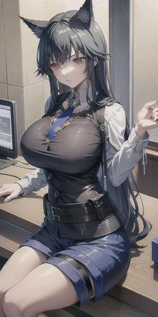 ager in work uniform working as a cashier at a food stall, behind the counter watching spectator, with huge tits, anime style