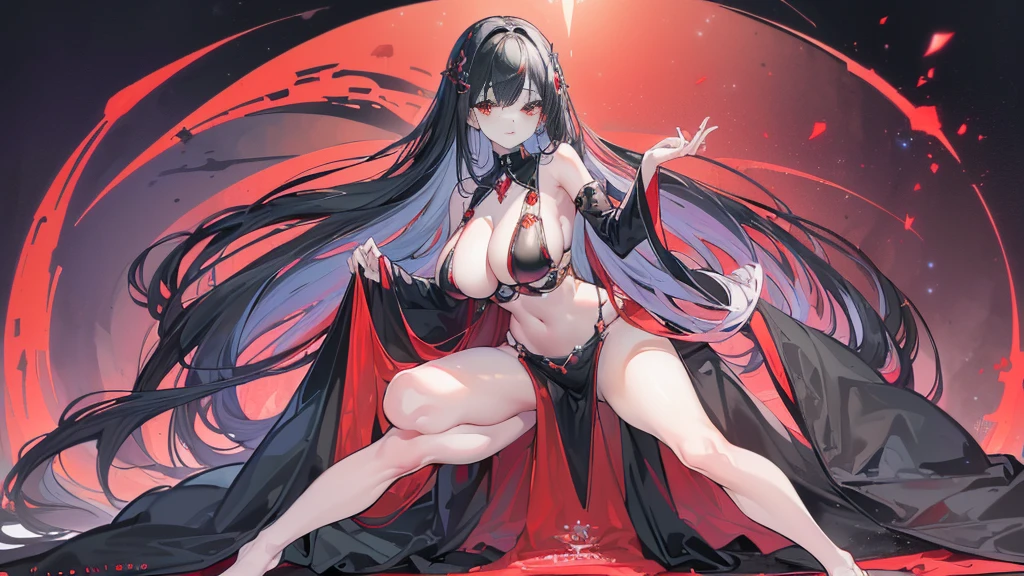 (Exquisite eyes),(Clear and beautiful eyes:1.61),masterpiece, ung girl,(Black clothes and some red gems), Black long hair, (She has a huge red gem on her chest), Good Hand,((The Havoc of StarCraft)),full-body shot,Fighting Stance,(Red Eyes:1.466),short and small,(Very big breasts:1.35),(Pretty Face),(full-body shot:1.33),Beautiful hands