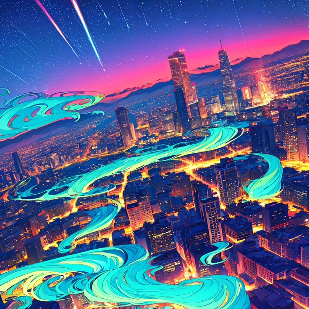 Night sky beautiful colors, large mountains and city, colorful sky with bright stars