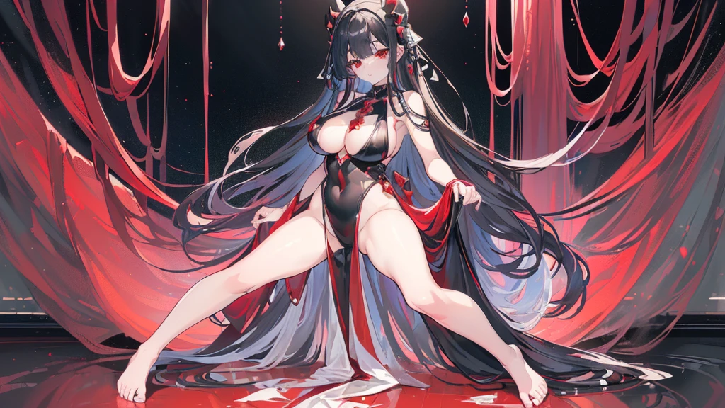 (Exquisite eyes),(Clear and beautiful eyes:1.61),masterpiece, 1 young girl,(Black clothes and some red gems), Black long hair, (She has a huge red gem on her chest), Good Hand,((The Havoc of StarCraft)),full-body shot,Fighting Stance,(Red Eyes:1.466)，short and small,(Very big breasts:1.35),(Pretty Face),(full-body shot:1.33),Beautiful hands