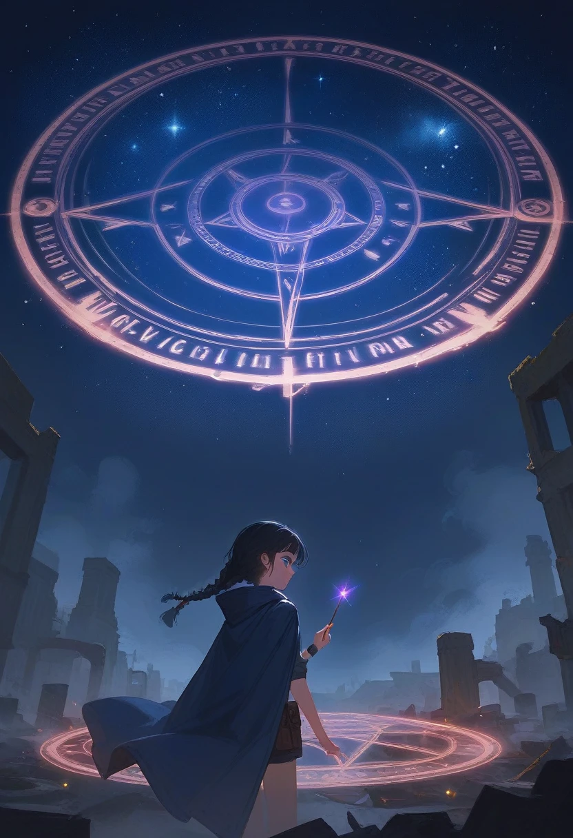 Second Dimension，juvenile，Western Fantasy，Black hair，Braids，Dark blue eyes，Blue cape，Starry Sky，time，pointer，Pocket Watch，Magic Circle，Night Sky，Stars，Ark of Tomorrow，Wasteland，steam，ruins，Lost City，twilight，Reach out，evening breeze