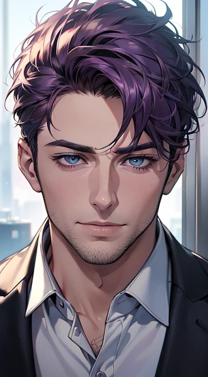 (best quality,4k,8k,highres,masterpiece:1.2),ultra-detailed,(realistic,photorealistic,photo-realistic:1.37),1 man,31 years old,mature man,very handsome,without expression,smile,short purple hair,blue eyes,penetrating gaze,perfect face without errors,imposing posture,businessman,office background,cinematic lighting,hdr image