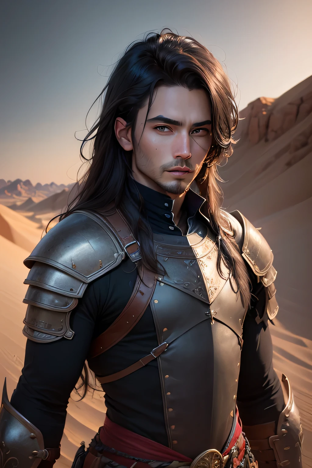 ((best quality)), ((masterpiece)), (detailed), Prize-winning works, with incredible details, maximum textures and details, mantea ,1 An adventurous warrior man in dark black light armor,(30 year old murderer:1.1,detailedeyes, face detailed, whole body:1.1,the background is a desert ),(best qualityer:1.2,ultra detali:1.1,realisitic:1.37),stone medieval ancient city ,eyeshadows,hidden identity,sharp focus,swirly vibrant colors,moonlights), (twilight), (natta), 8K